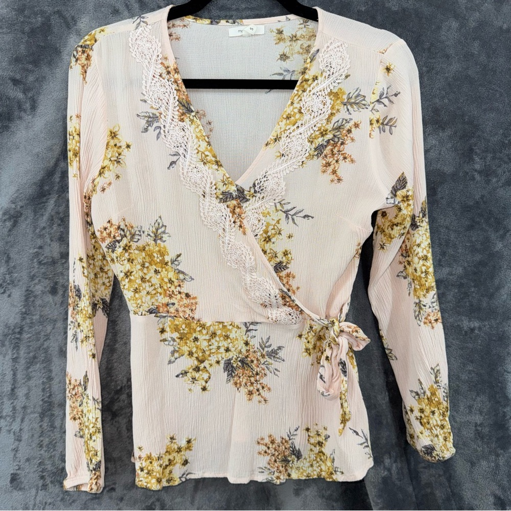 Maurices Long Sleeve Pink Floral Gauze V Neck Faux Wrap Blouse Shirt Size XS